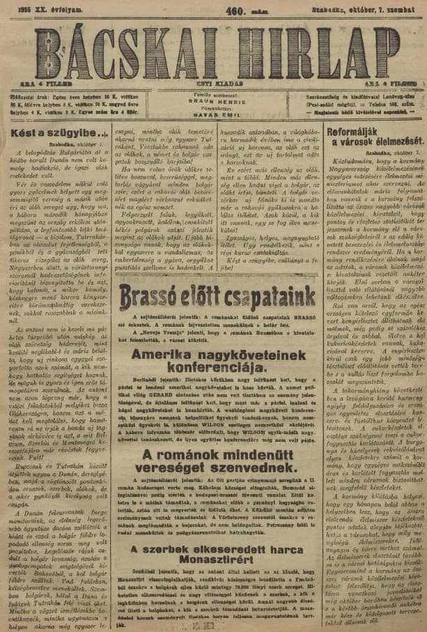 Bácskai Hirlap, 20. évf. 1916. október 7. 460. sz.