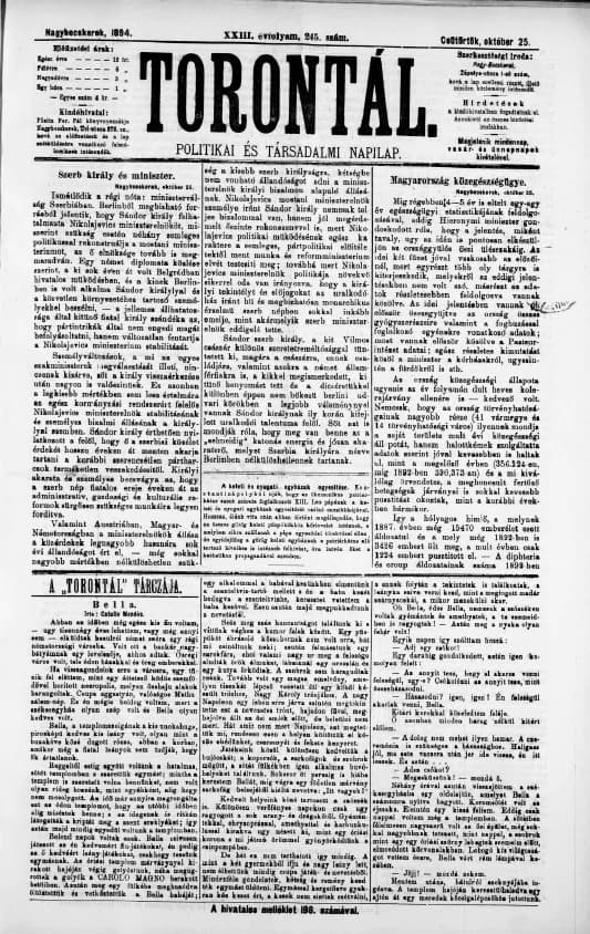 Torontál, 23. évf. 1894. október 25. 245. sz.