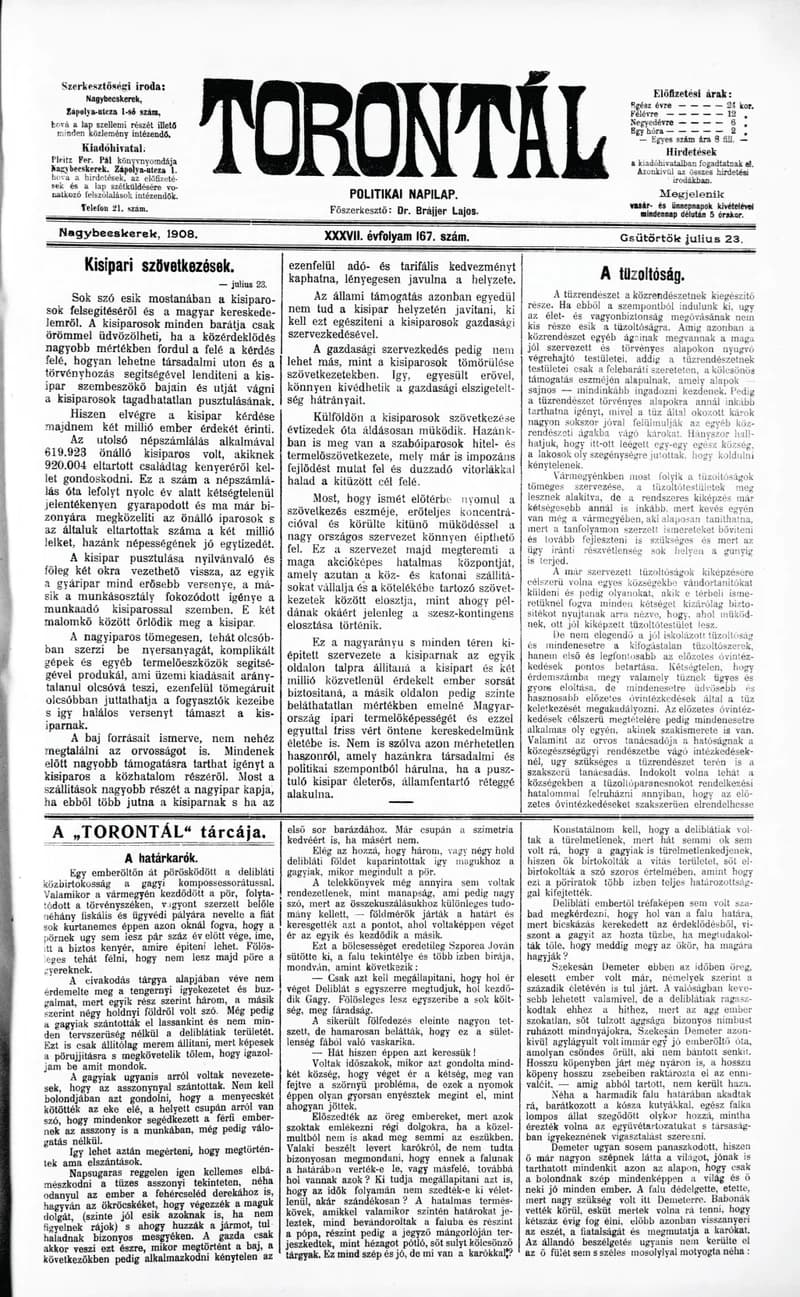 Torontál, 37. évf. 1908. július 23. 167. sz.