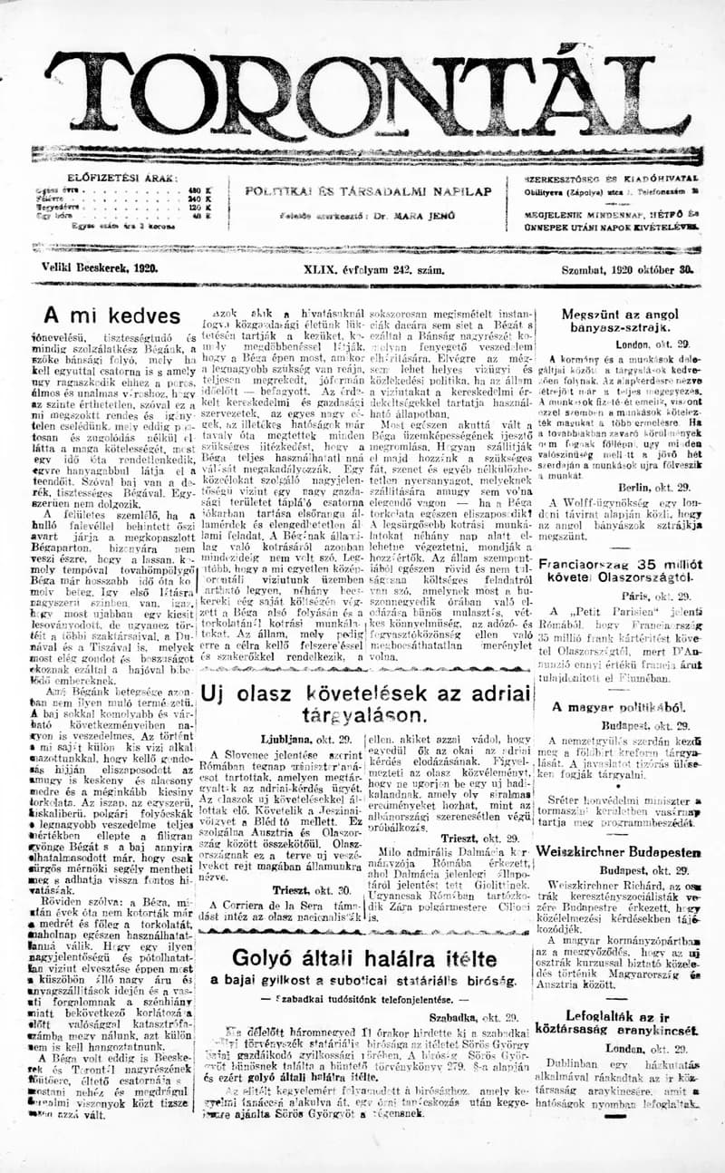 Torontál, 49. évf. 1920. október 30. 242. sz.