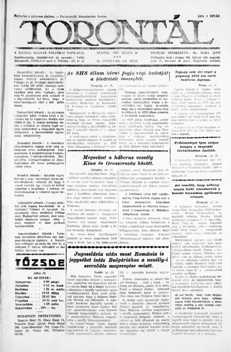 Torontál, 58. évf. 1929. július 26. 170. sz.