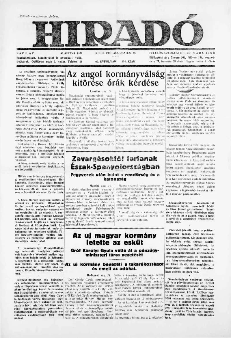 Híradó, 60. évf. 1931. augusztus 25. 194. sz.
