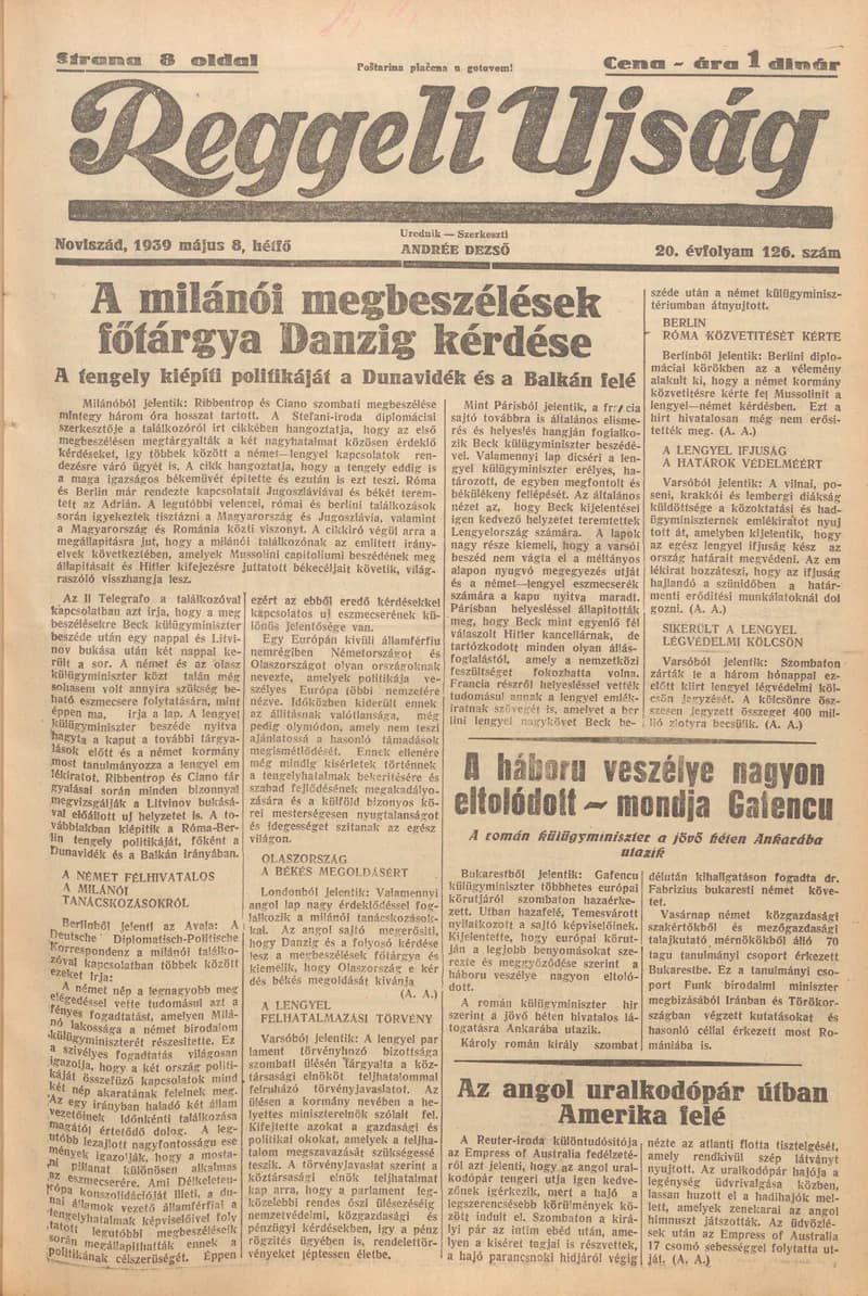 Reggeli Újság, 20. évf. 1939. május 8. 126. sz.
