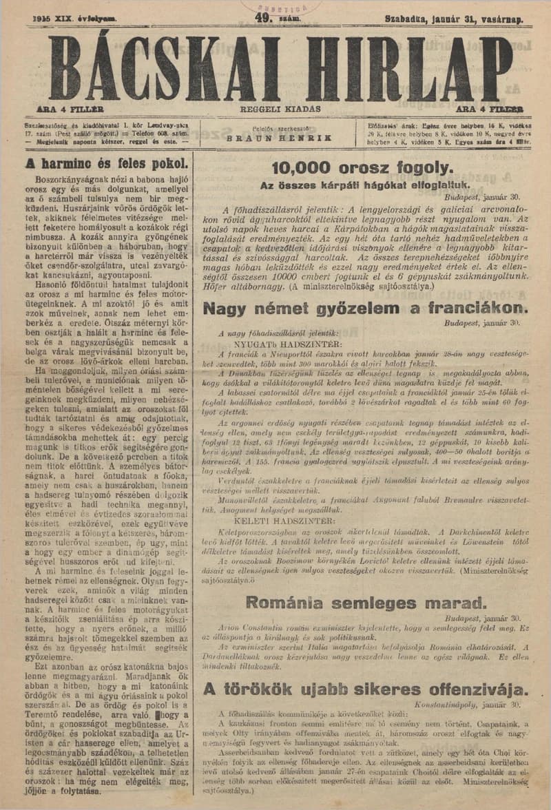 Bácskai Hirlap, 19. évf. 1915. január 31. 49. sz.