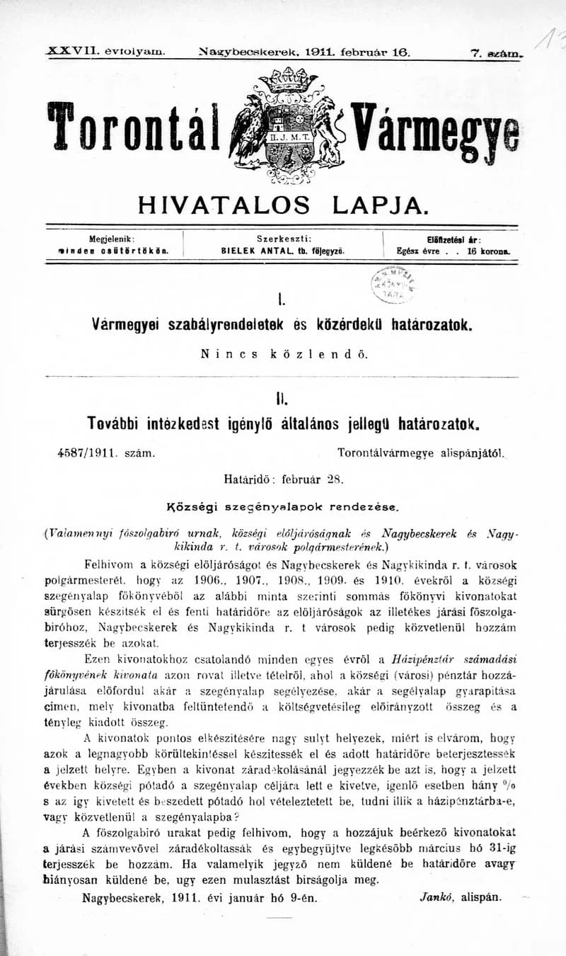 Torontál Vármegye Hivatalos Lapja, 27. évf. 1911. február 16. 7. sz.