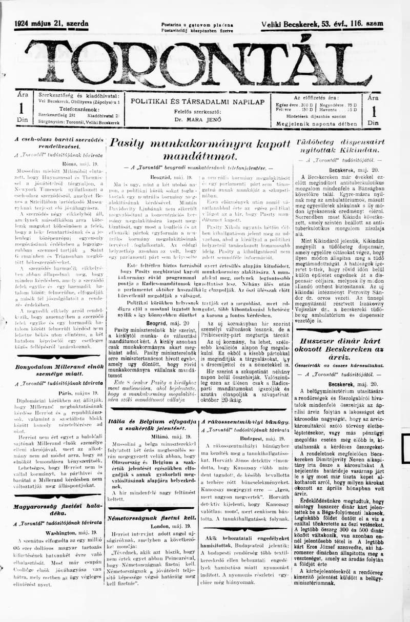 Torontál, 53. évf. 1924. május 21. 116. sz.