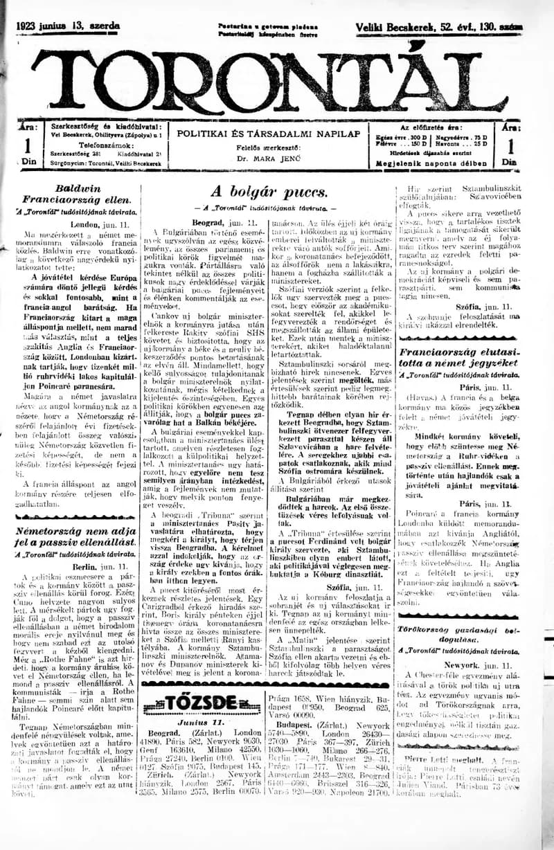 Torontál, 52. évf. 1923. június 13. 130. sz.