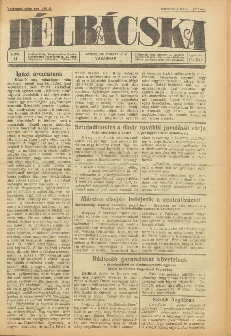 Délbácska, 5. évf. 1924. február 17. 41. sz.