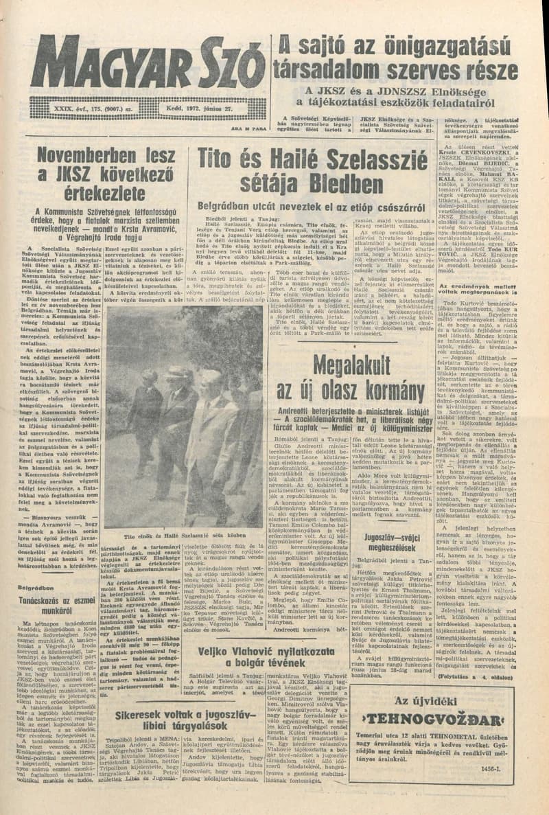 Magyar Szó, 29. évf. 1972. június 27. 175. sz. 1–20. oldal