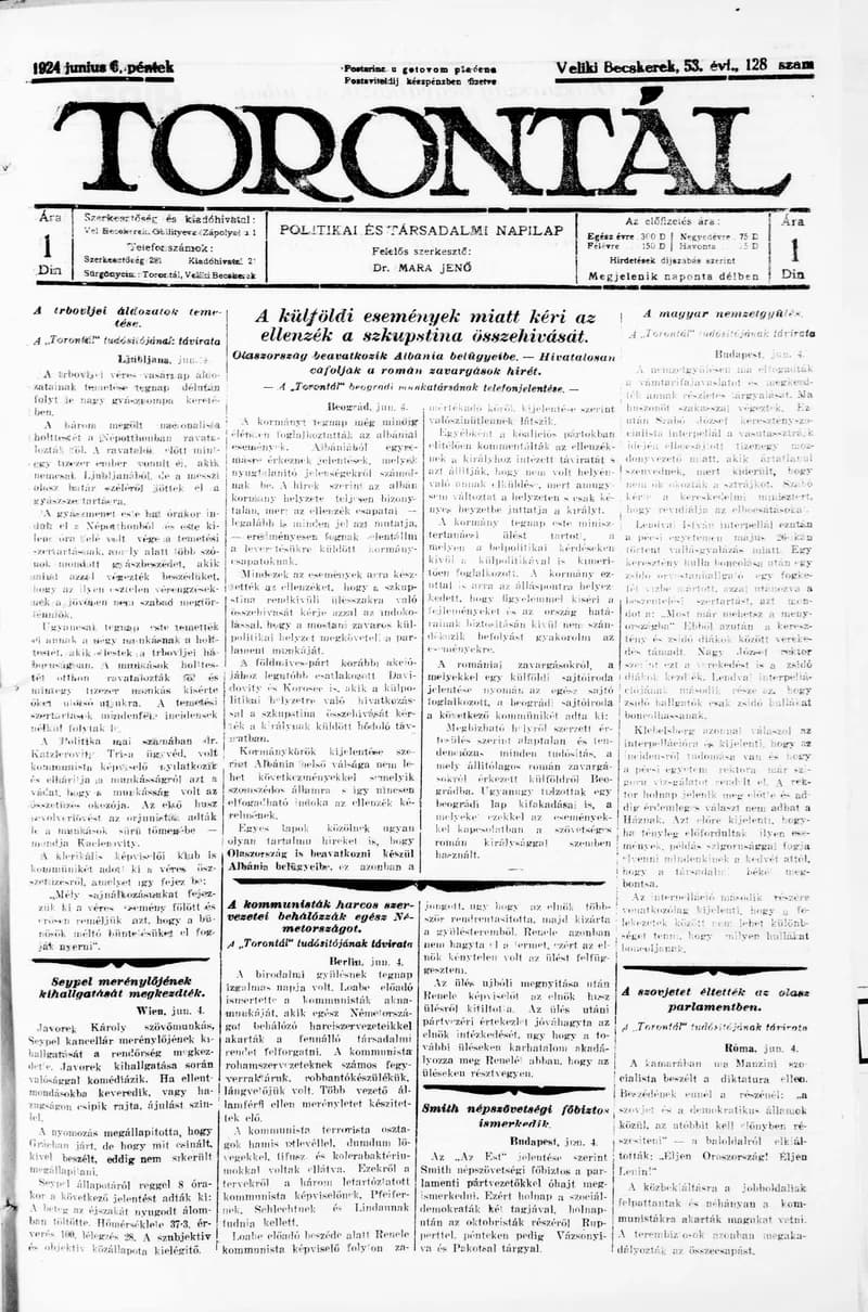 Torontál, 53. évf. 1924. június 6. 128. sz.