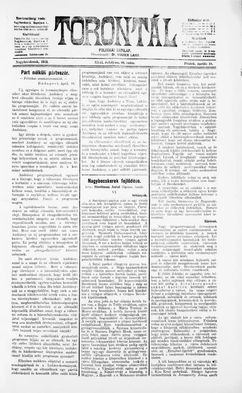 Torontál, 42. évf. 1913. április 18. 89. sz.