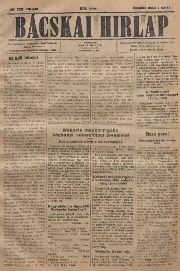Bácskai Hirlap, 22. évf. 1918. május 1. 100. sz.