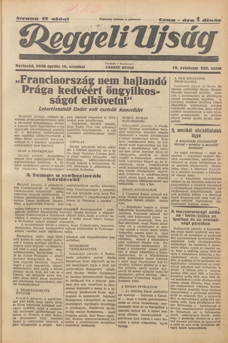 Reggeli Újság, 19. évf. 1938. április 16. 105. sz.