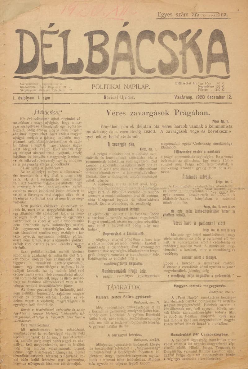 Délbácska, 1. évf. 1920. december 12. 1. sz.