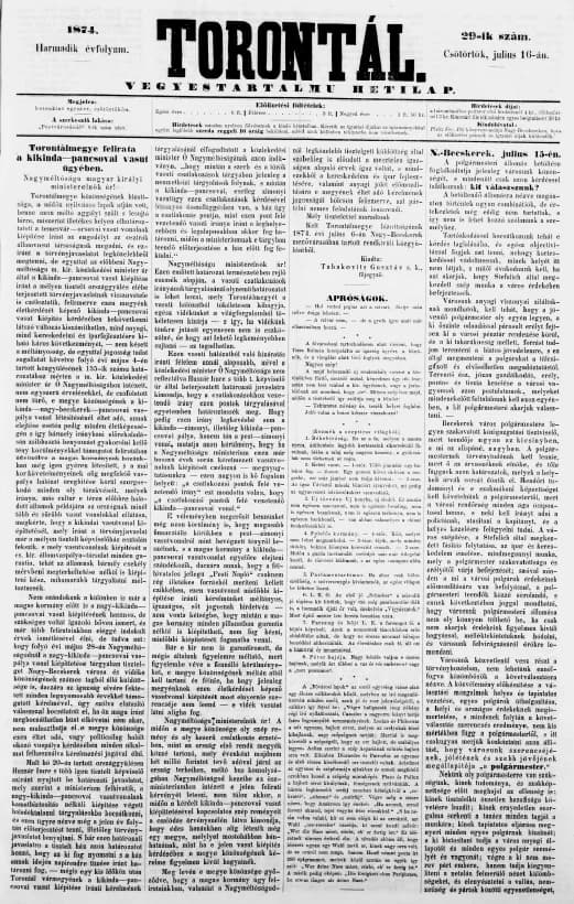 Torontál, 3. évf. 1874. július 16. 29. sz.