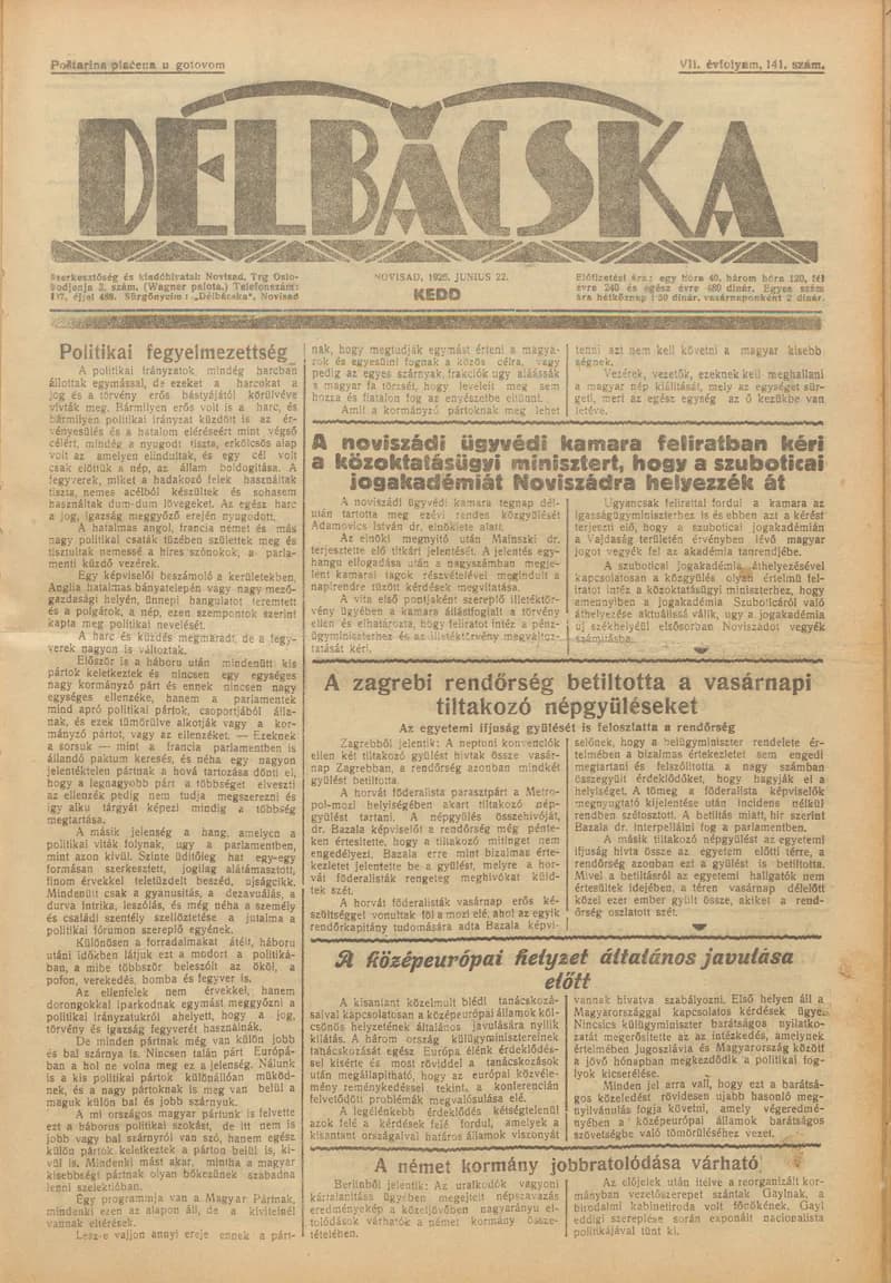 Délbácska, 7. évf. 1926. június 22. 141. sz.