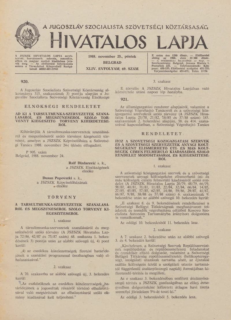 A Jugoszláv Szocialista Szövetségi Köztársaság Hivatalos Lapja, 44. évf. 1988. november 25. 69. sz. 1761–1792. oldal