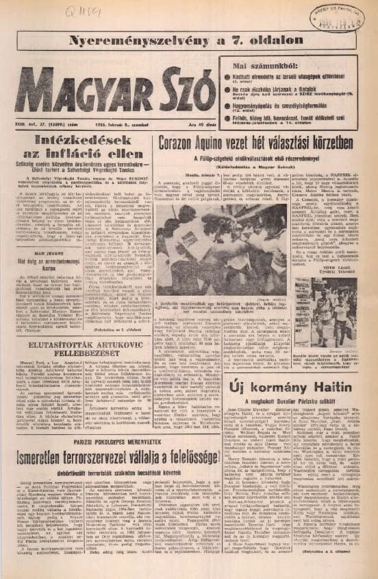 Magyar Szó, 43. évf. 1986. február 8. 37. sz. 1–28. oldal
