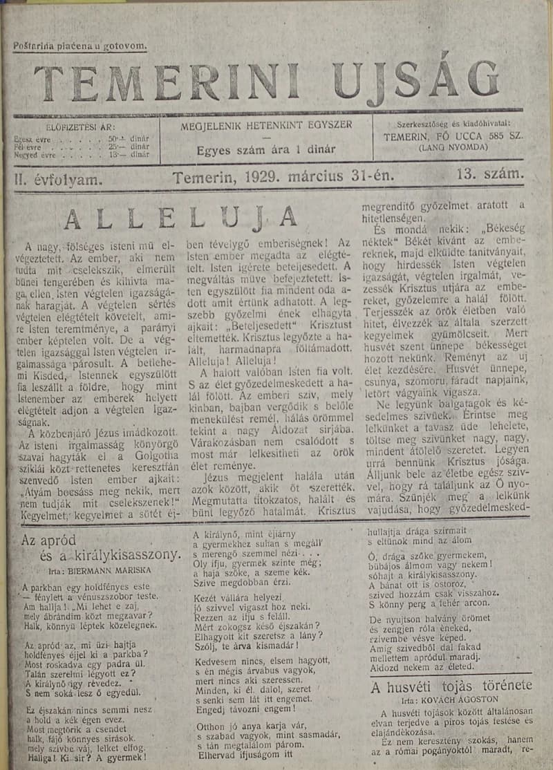 Temerini Újság 1928-1944, 2. évf. 1929. március 31. 13. sz.