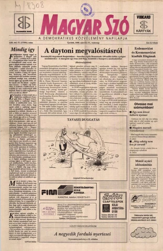 Magyar Szó, 53. évf. 1996. március 31. 77. sz. 1–24. oldal