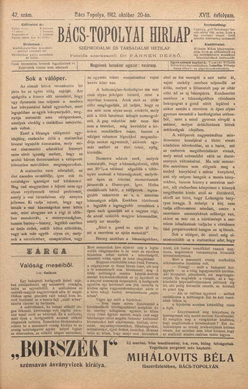 Bács-Topolyai Hirlap, 17. évf. 1912. október 20. 42. sz.