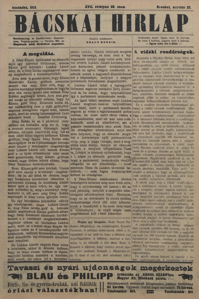 Bácskai Hirlap, 17. évf. 1913. március 22. 68. sz.