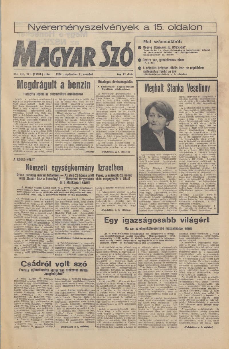 Magyar Szó, 41. évf. 1984. szeptember 1. 241. sz. 1–20. oldal