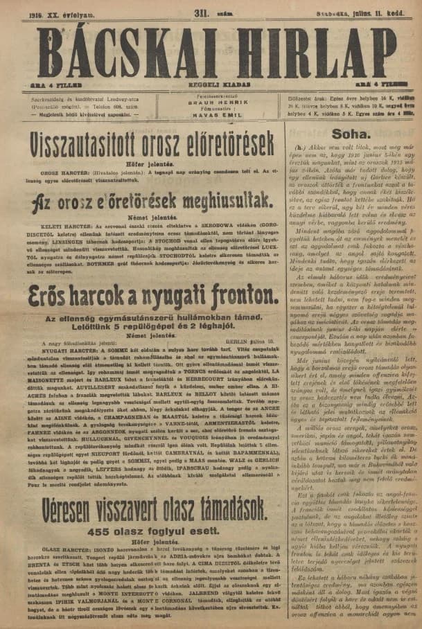 Bácskai Hirlap, 20. évf. 1916. július 11. 311. sz.