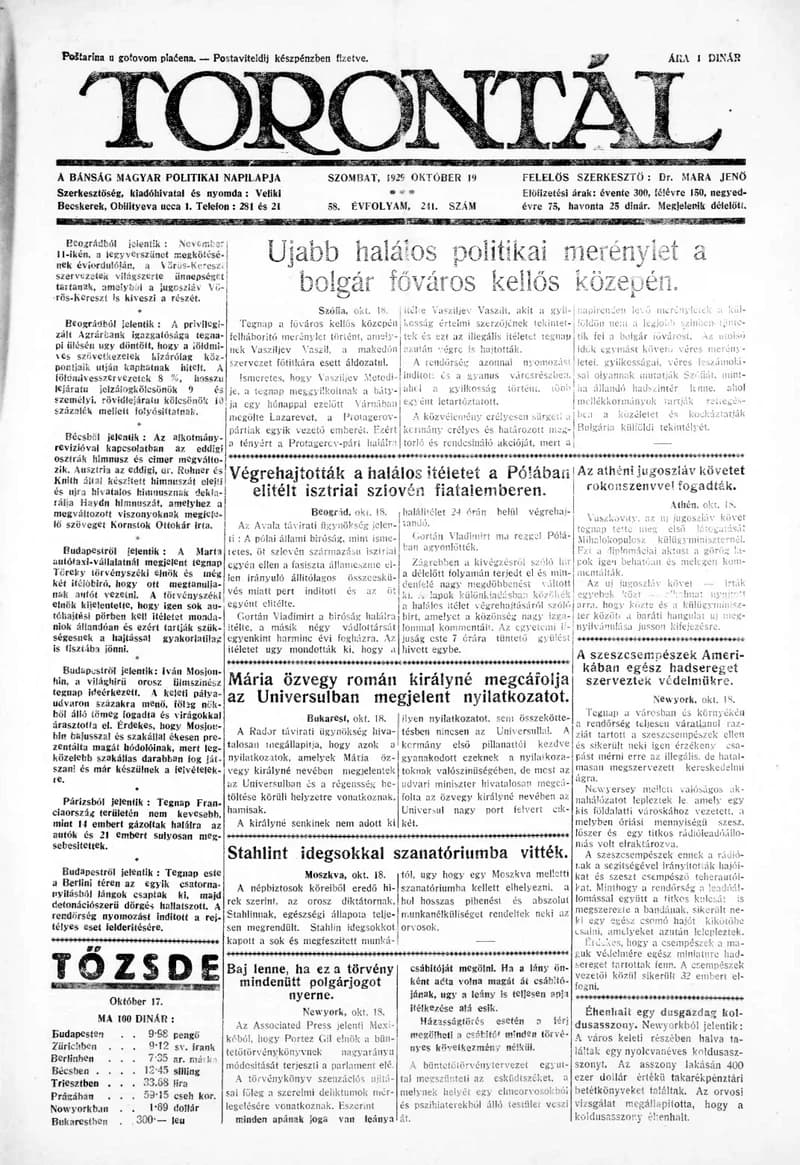 Torontál, 58. évf. 1929. október 19. 241. sz.
