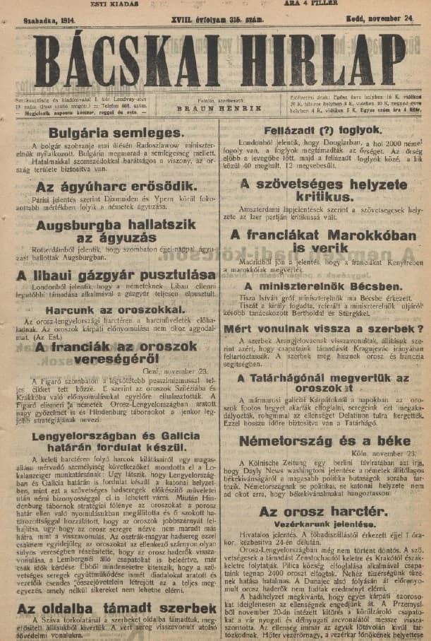 Bácskai Hirlap, 18. évf. 1914. november 24. 315. sz.