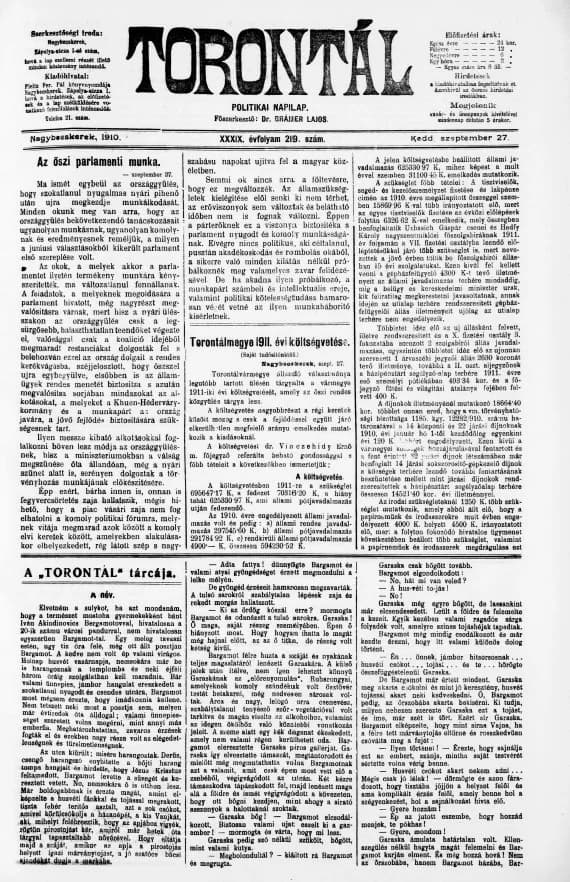 Torontál, 39. évf. 1910. szeptember 27. 219. sz.