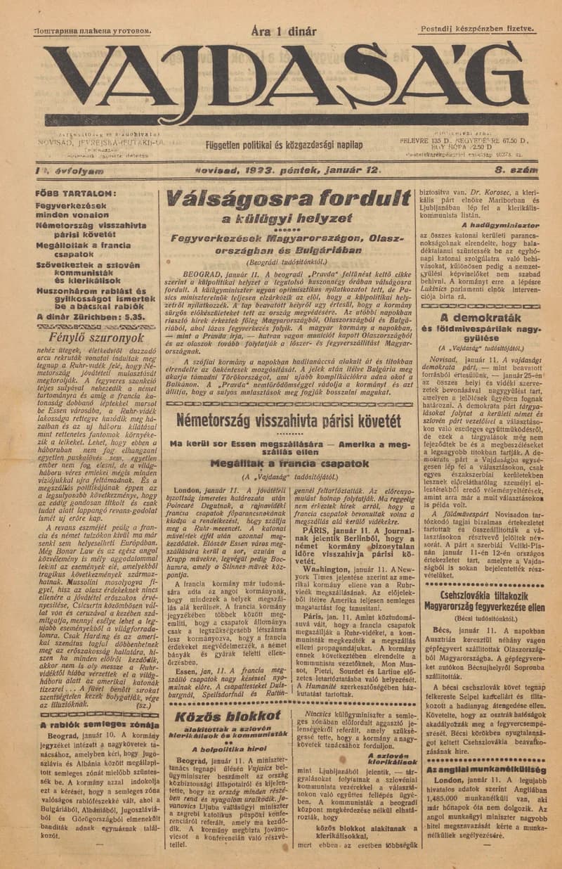 Vajdaság, 3. évf. 1923. január 12. 8. sz.