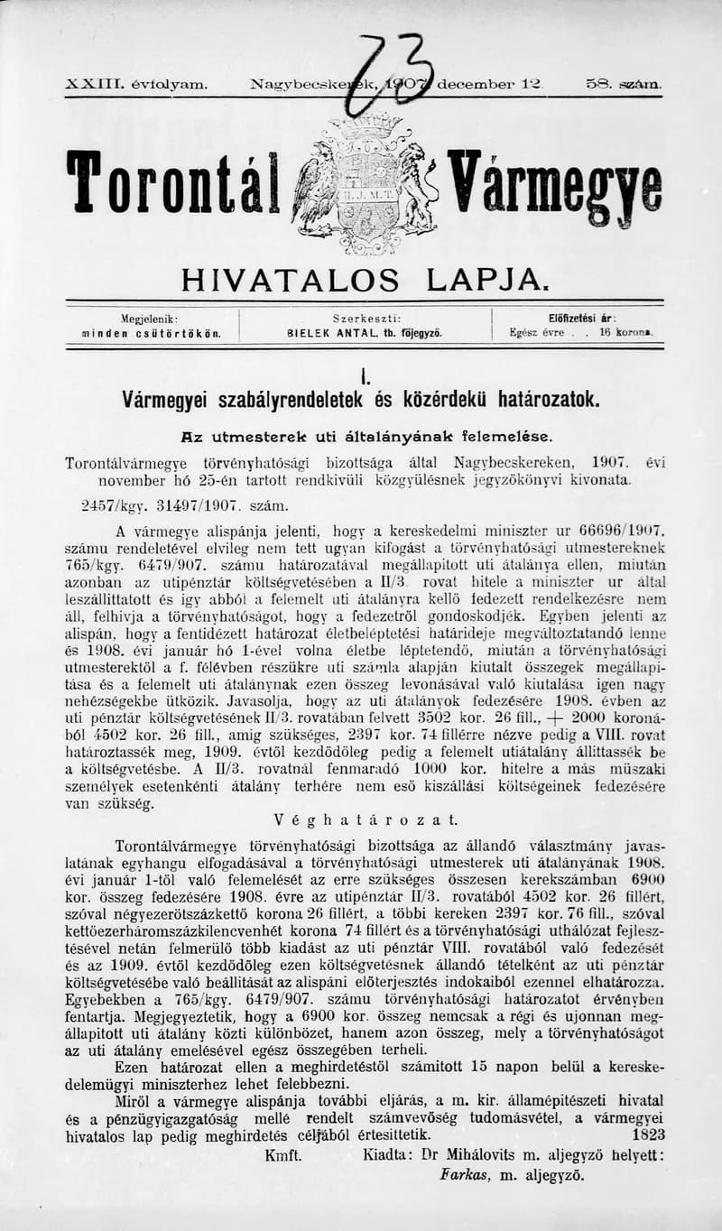 Torontál Vármegye Hivatalos Lapja, 23. évf. 1907. december 12. 58. sz.