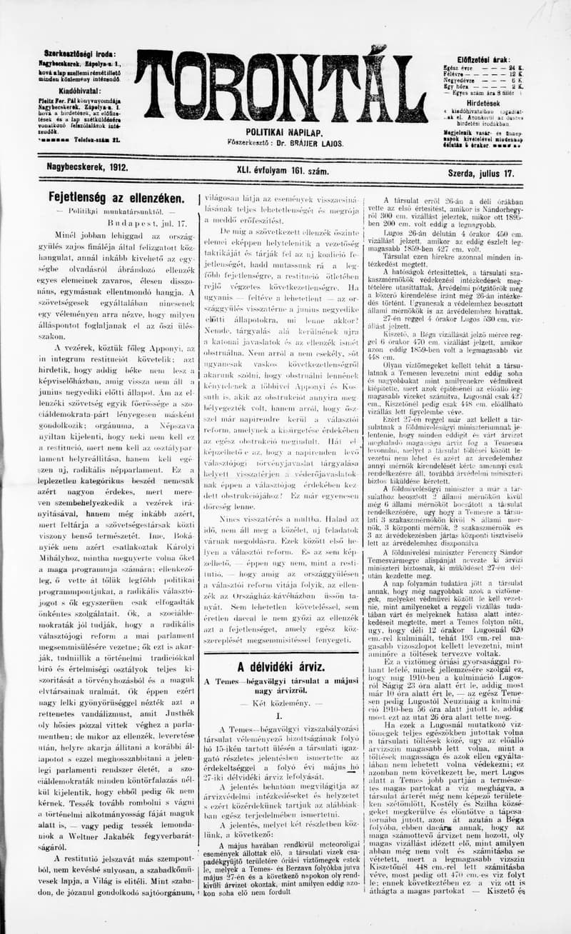 Torontál, 41. évf. 1912. július 17. 161. sz.
