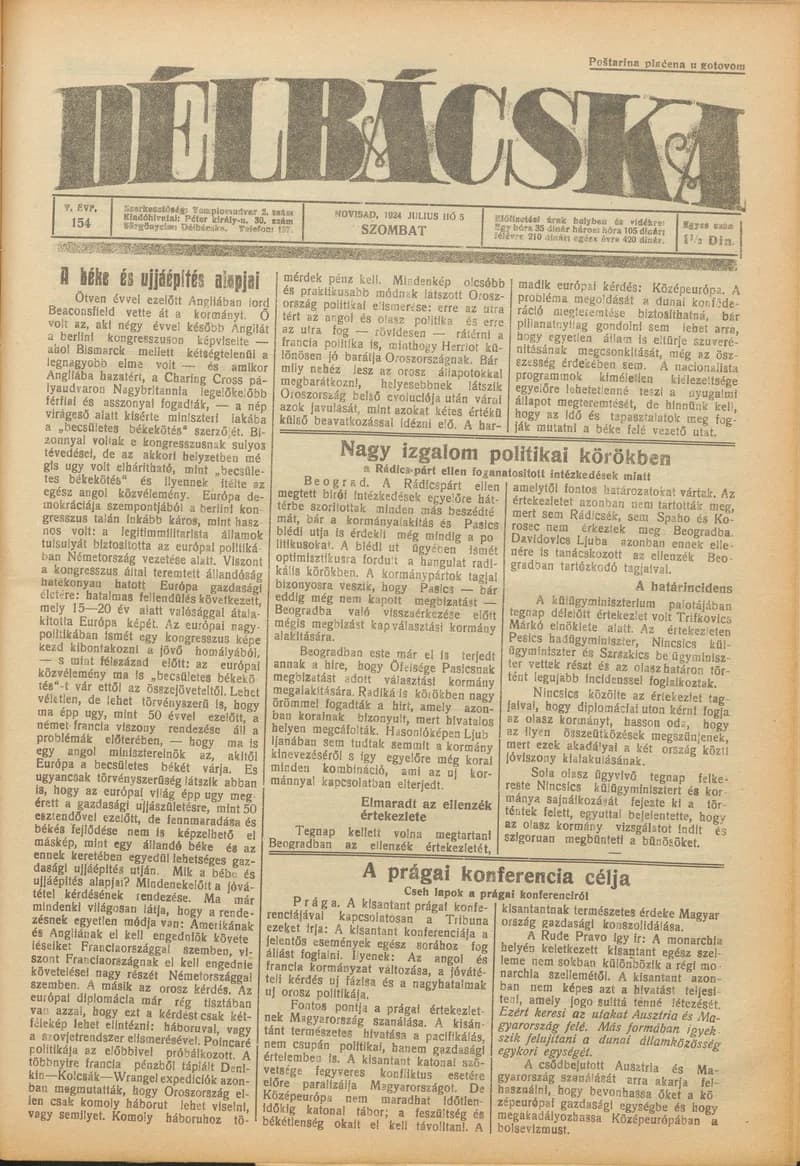 Délbácska, 5. évf. 1924. július 5. 154. sz.