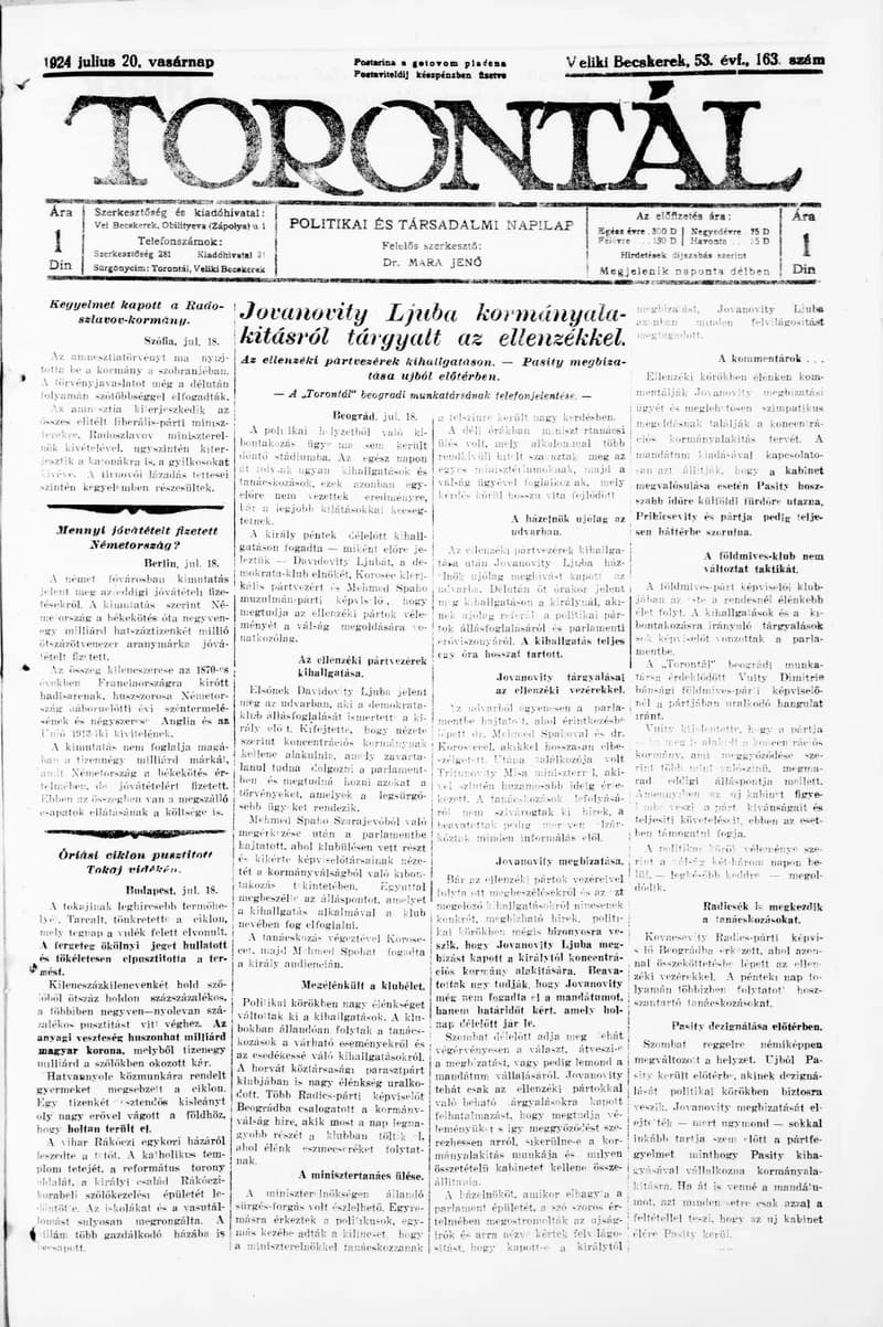 Torontál, 53. évf. 1924. július 20. 163. sz.