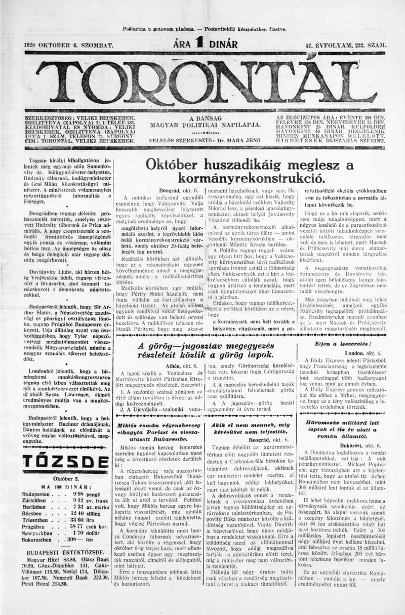Torontál, 57. évf. 1928. október 6. 232. sz.