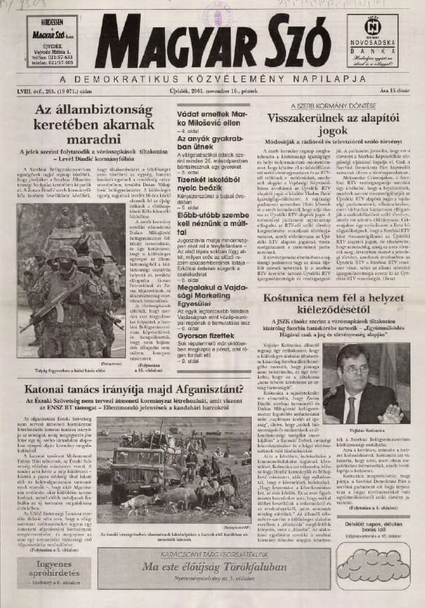 Magyar Szó, 58. évf. 2001. november 16. 265. sz. 1–16. oldal