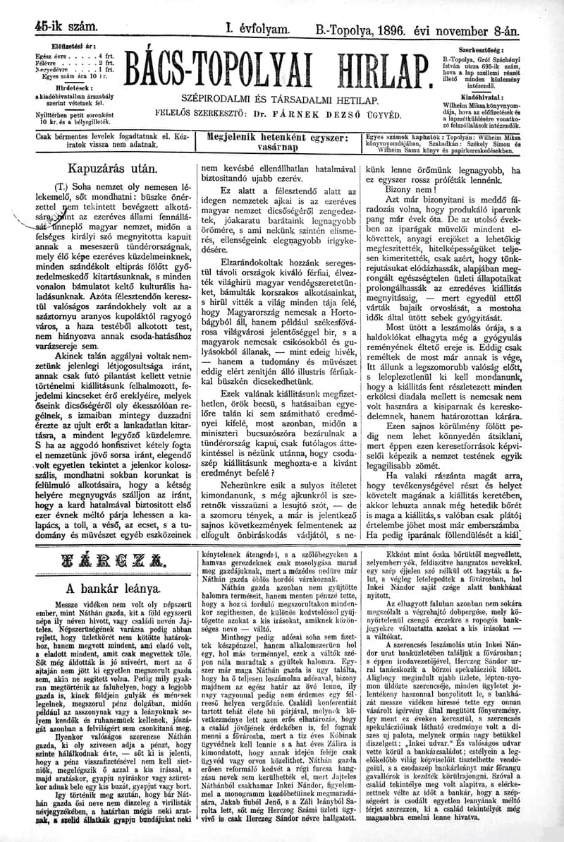 Bács-Topolyai Hirlap, 1. évf. 1896. november 8. 45. sz.