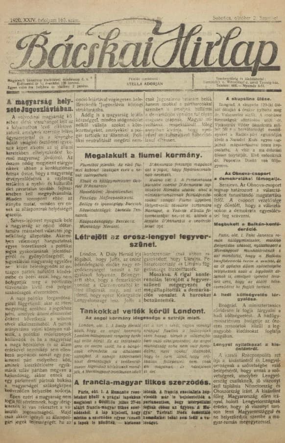 Bácskai Hirlap, 24. évf. 1920. október 2. 163. sz.