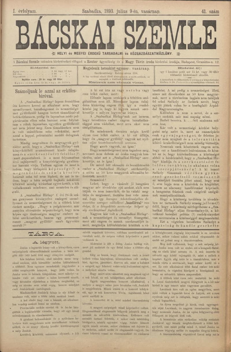 Bácskai Szemle, 1. évf. 1893. július 9. 41. sz.