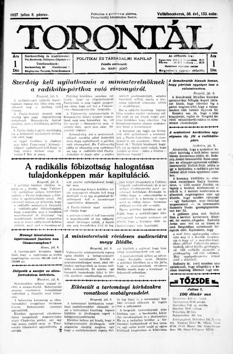 Torontál, 56. évf. 1927. július 8. 153. sz.