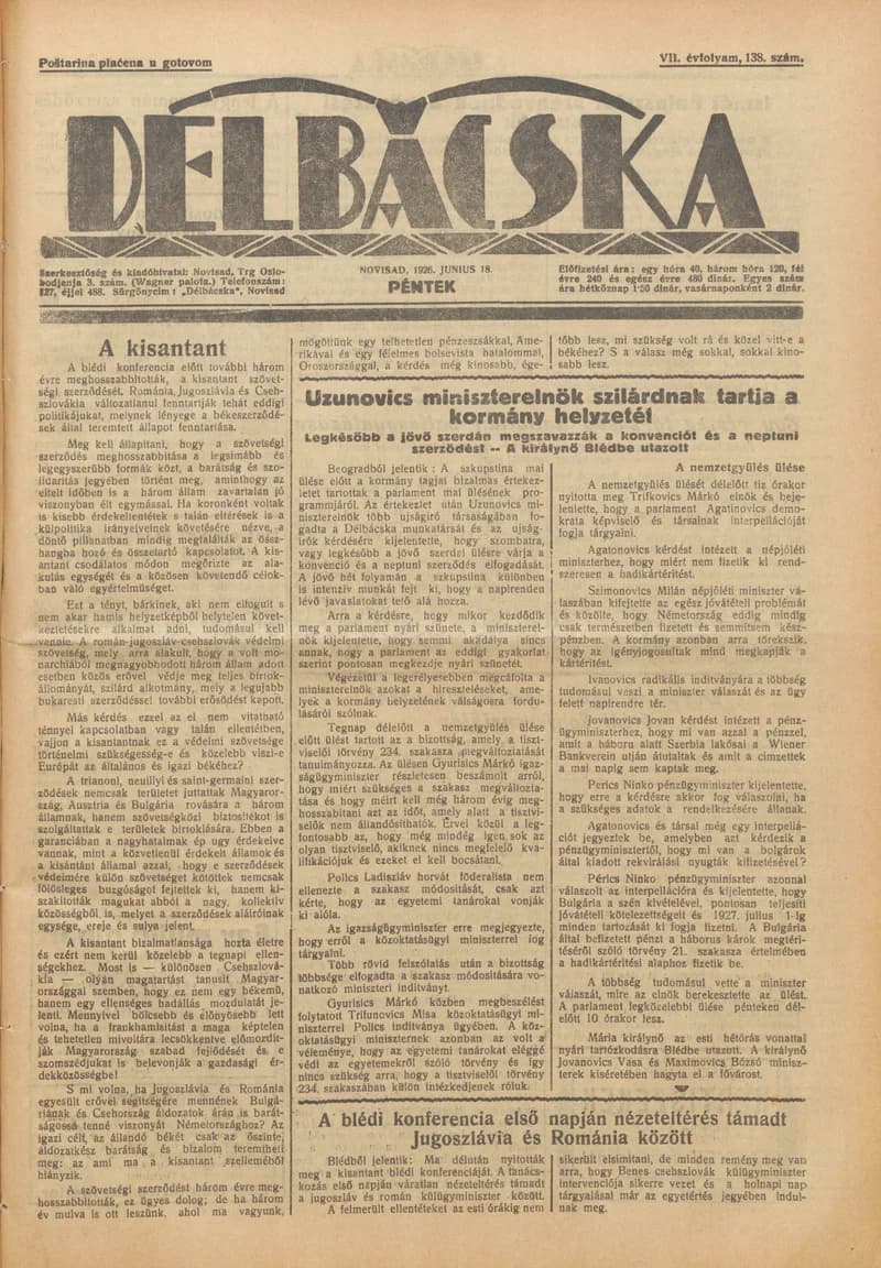 Délbácska, 7. évf. 1926. június 18. 138. sz.