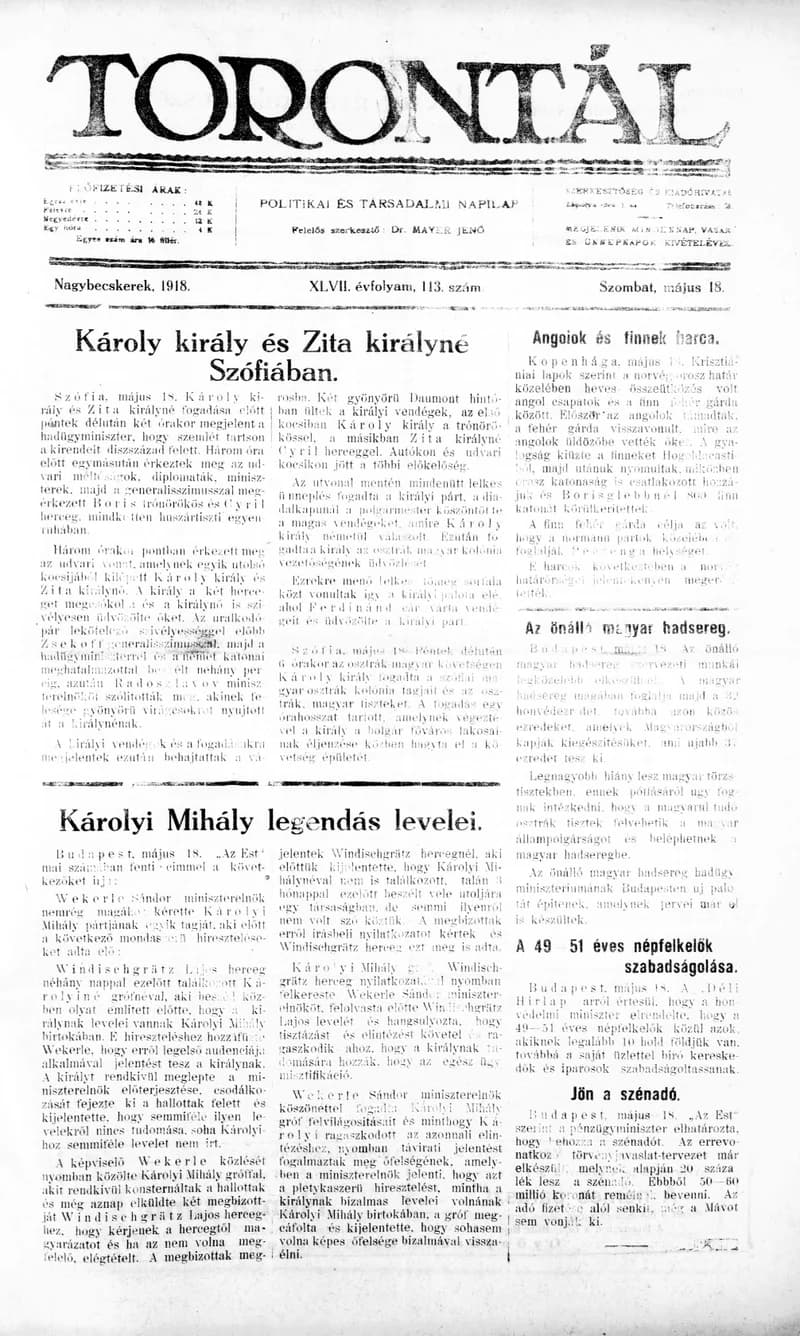 Torontál, 47. évf. 1918. május 18. 113. sz.