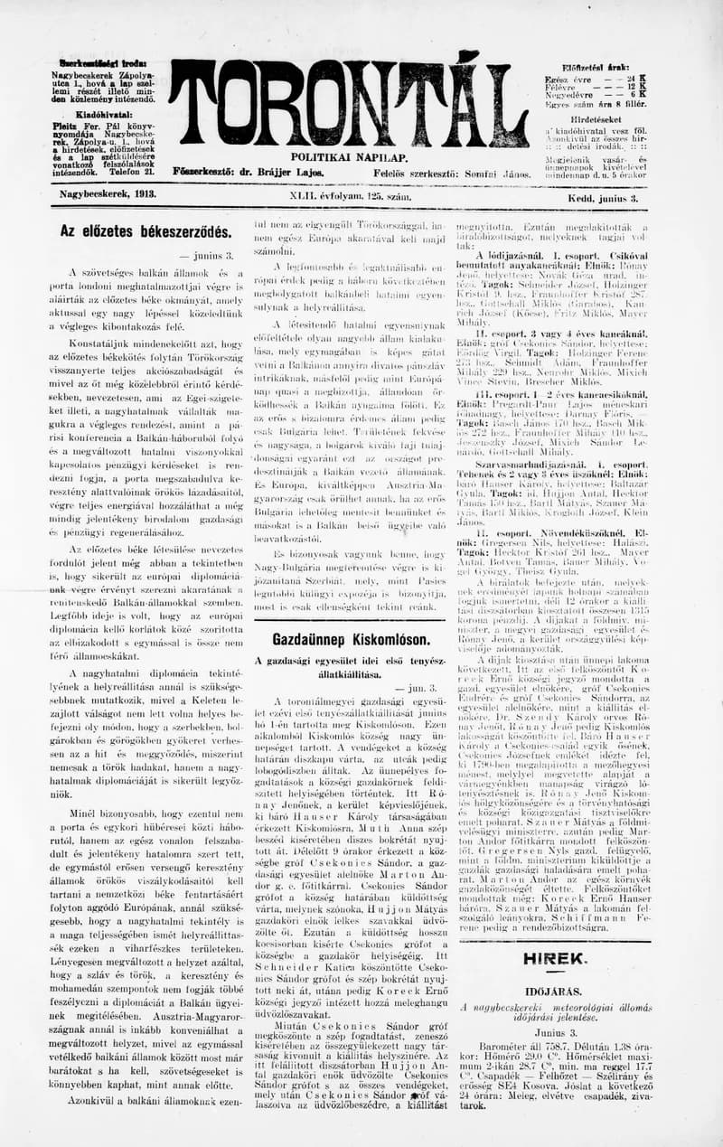 Torontál, 42. évf. 1913. június 3. 125. sz.