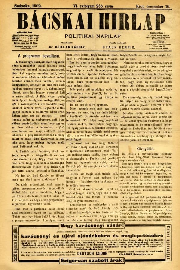 Bácskai Hirlap, 6. évf. 1902. december 16. 265. sz.