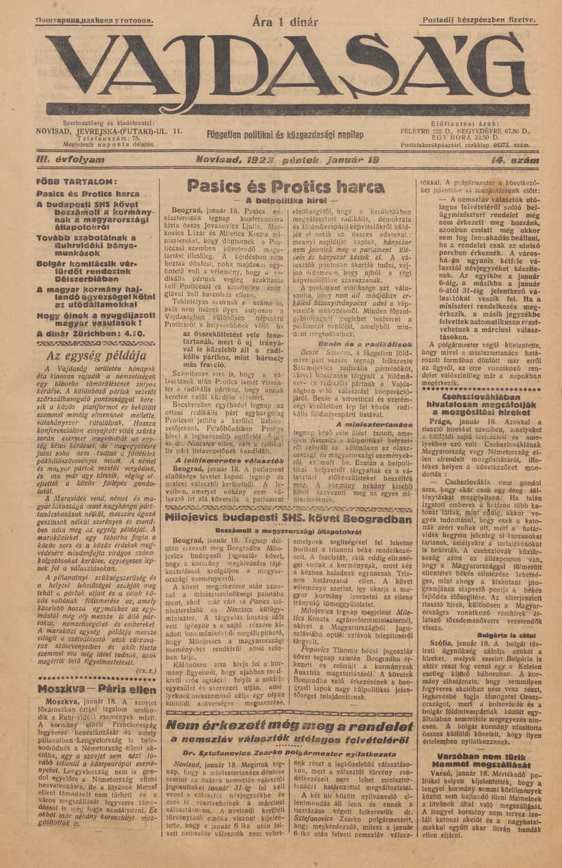 Vajdaság, 3. évf. 1923. január 19. 14. sz.
