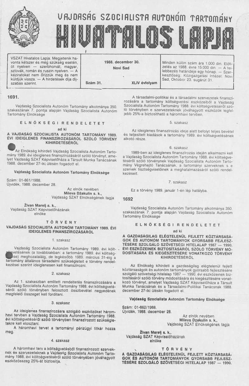 Vajdaság Szocialista Autonóm Tartomány Hivatalos Lapja, 44. évf. 1988. december 30. 31. sz.