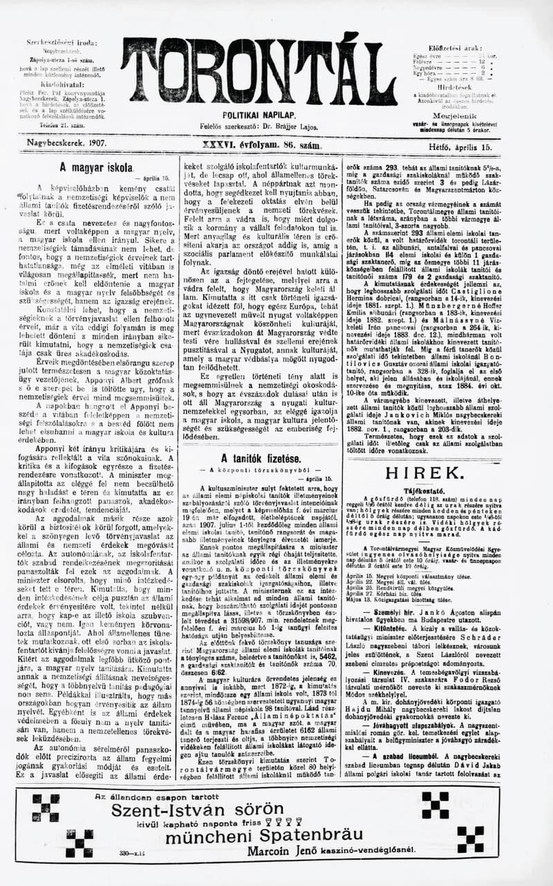 Torontál, 36. évf. 1907. április 15. 86. sz.