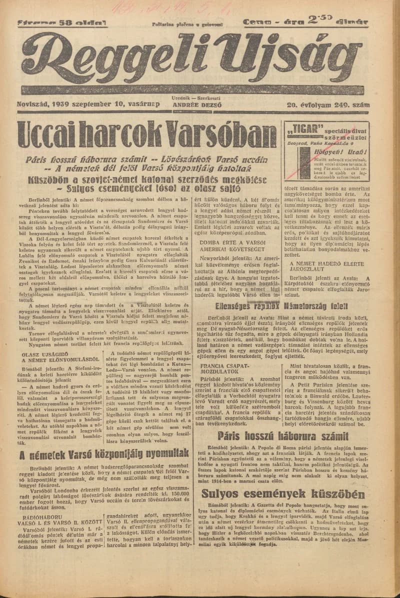 Reggeli Újság, 20. évf. 1939. szeptember 10. 249. sz.